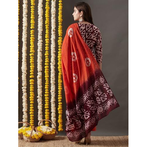 ANNI DESIGNER Women's Cotton Blend Straight Printed Kurta with Pant & Dupatta (Karka Op-Wine-KBV_L_Wine_Large)