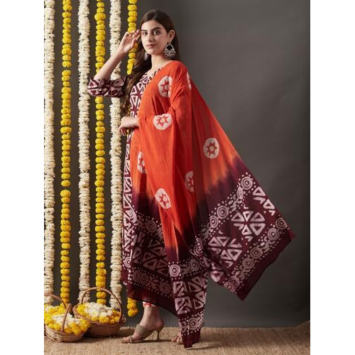 ANNI DESIGNER Women's Cotton Blend Straight Printed Kurta with Pant & Dupatta (Karka Op-Wine-KBV_L_Wine_Large)