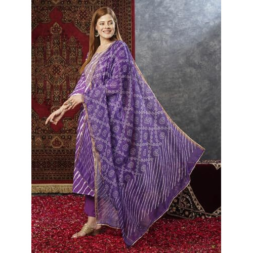 ANNI DESIGNER Women's Cotton Blend Straight Printed Kurta with Pant & Dupatta (Doremi Purple-JL_XXL_Purple_XX-Large)