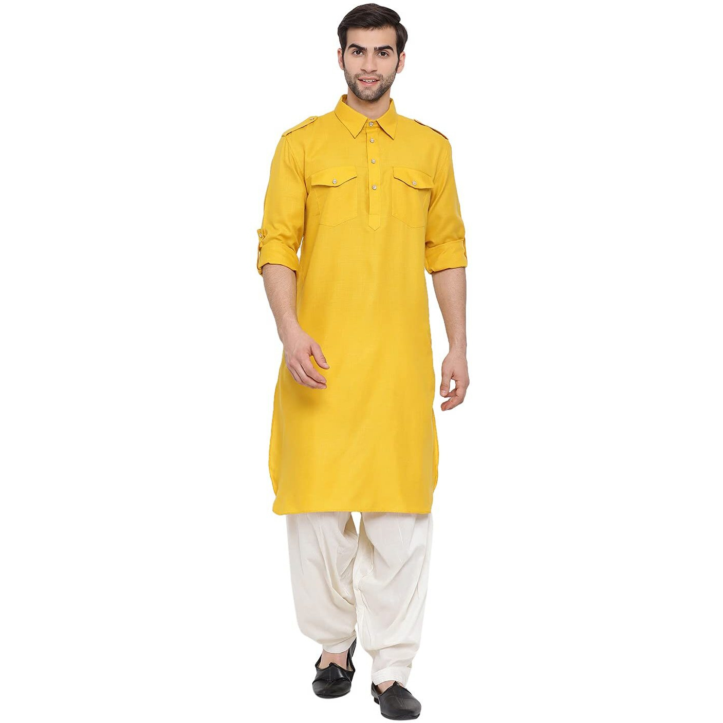 VASTRAMAY Men's Mustard Cotton Blend Pathani Kurta & Patiala Set_VASMPT003MDnPTYCR_44