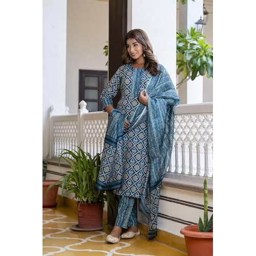 Yashika Regular Printed Cotton Blend Straight Kurta Pant Dupatta Set-Stylish Ethnic Wear for Women (AZ-YS-P1-KS2116-XL_Blue