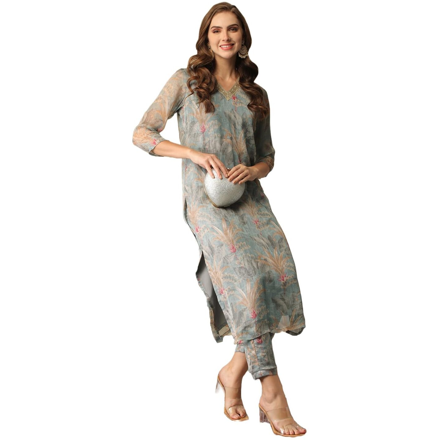 ANNI DESIGNER Women's Cotton Blend Straight Printed Kurta with Pant (Feni Grey-NW_M_Grey_Medium)