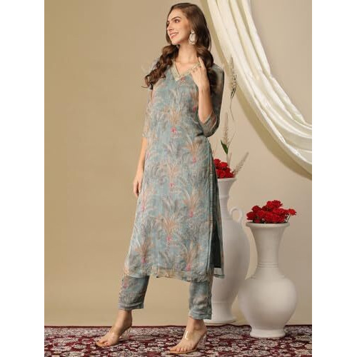 ANNI DESIGNER Women's Cotton Blend Straight Printed Kurta with Pant (Feni Grey-NW_M_Grey_Medium)
