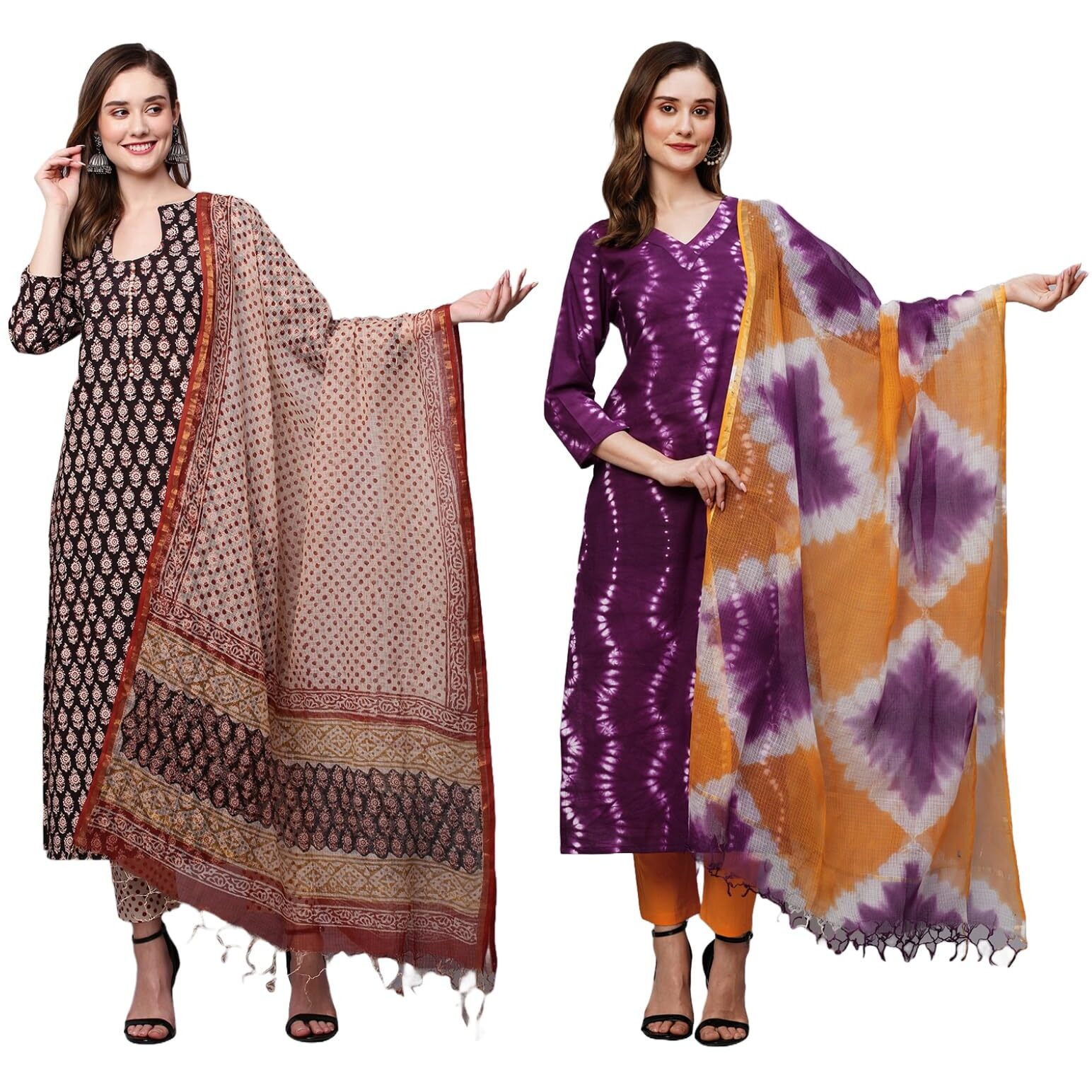 ANNI DESIGNER Women's Cotton Blend Printed Straight Kurta with Pant & Dupatta Pack of 2 (Combo-Nayantara Black-Mukhi Pink_S_Multi_Small)