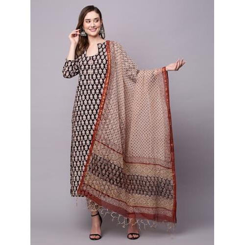 ANNI DESIGNER Women's Cotton Blend Printed Straight Kurta with Pant & Dupatta Pack of 2 (Combo-Nayantara Black-Mukhi Pink_S_Multi_Small)