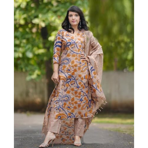 ANNI DESIGNER Women's Cotton Blend Printed Straight Kurta with Pant & Dupatta (Kalam Chiku-JL_XXL_Beige_XX-Large)