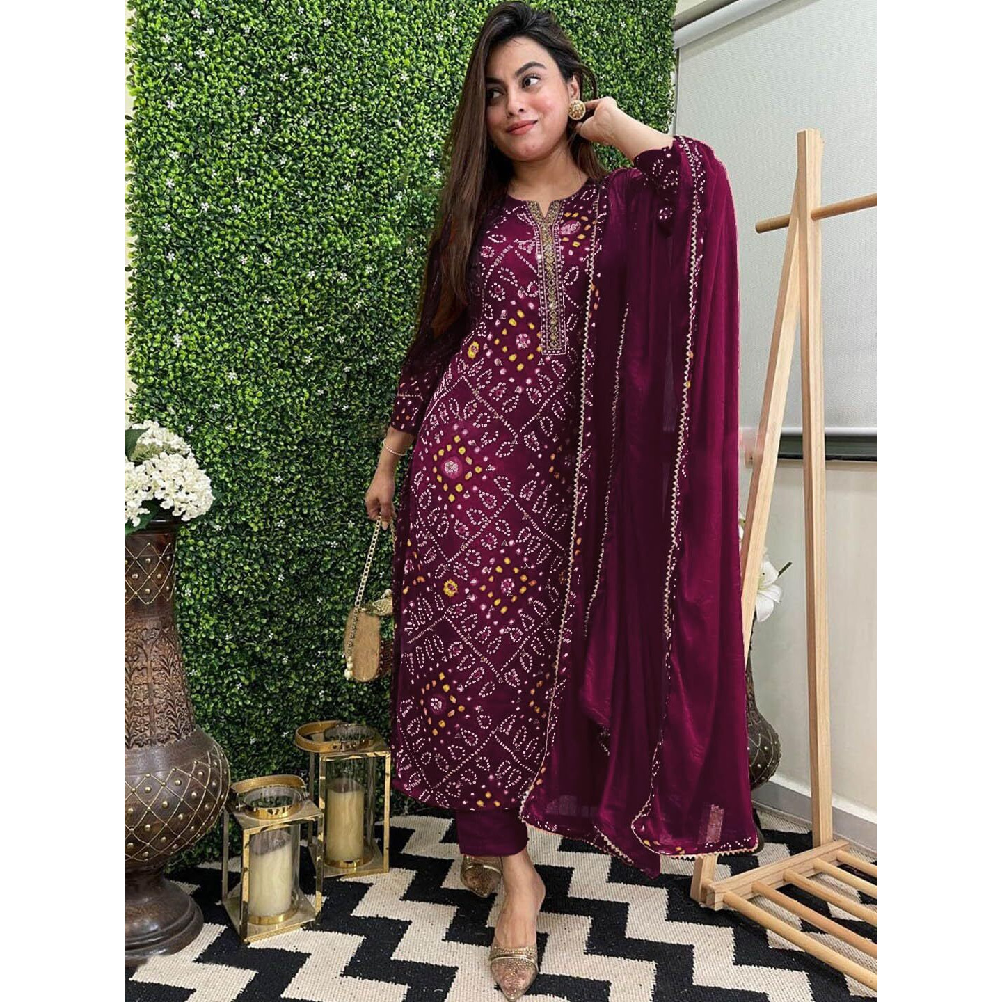 ANNI DESIGNER Women's Rayon Blend Straight Bandhej Printed Kurta with Pant & Dupatta (Turae Wine-VKS01_4XL_Wine_XXXX-Large)