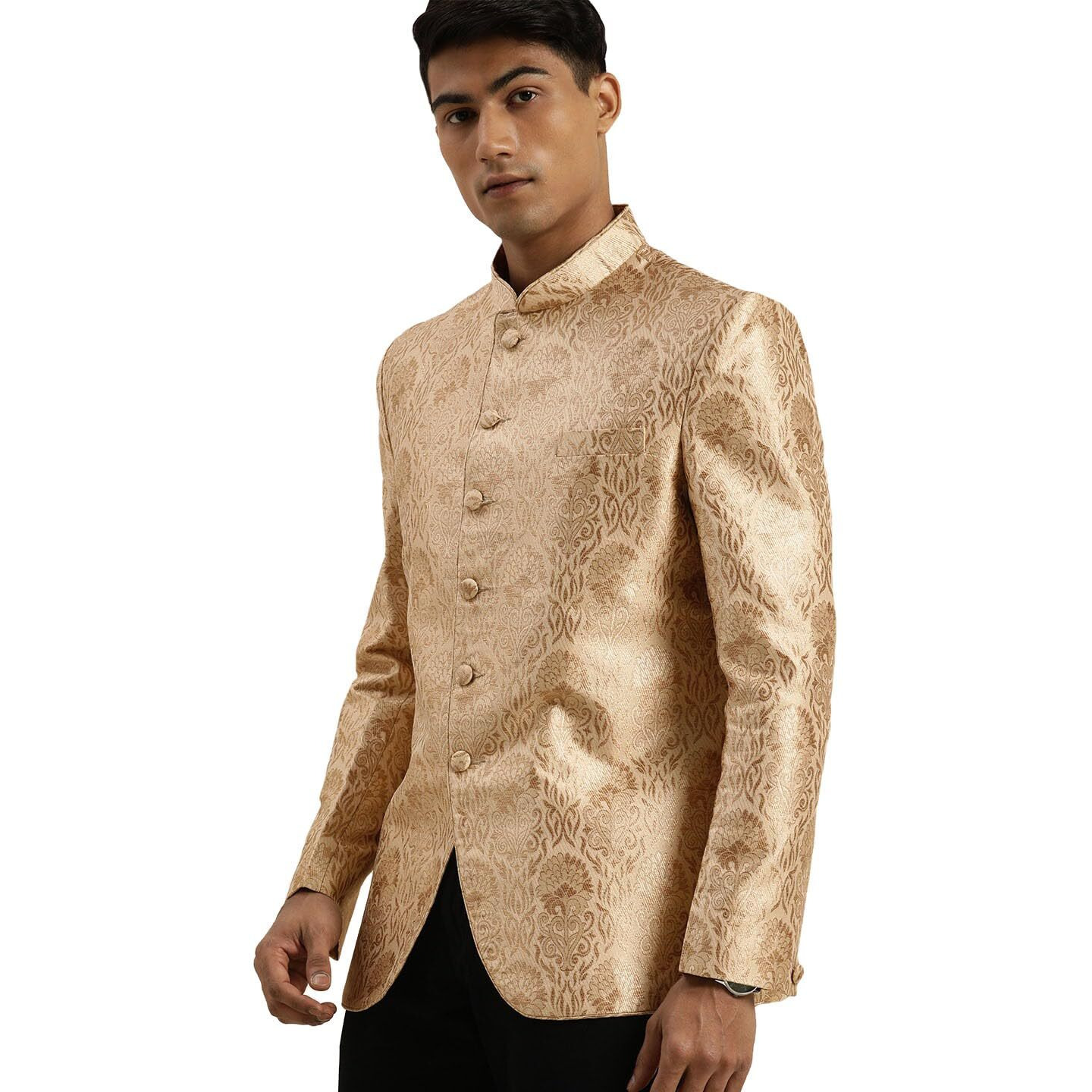 VASTRAMAY Men's Rose Gold Jacquard Jodhpuri