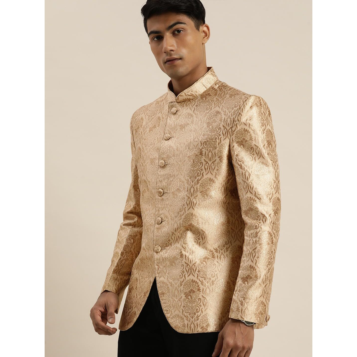 VASTRAMAY Men's Rose Gold Jacquard Jodhpuri