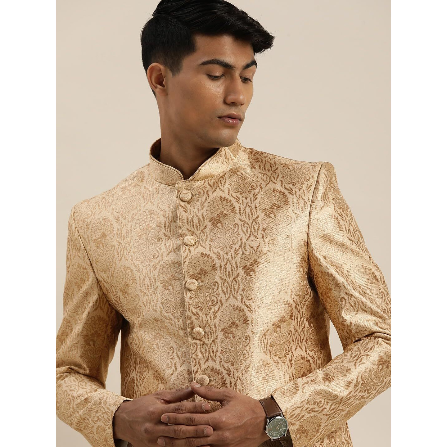 VASTRAMAY Men's Rose Gold Jacquard Jodhpuri