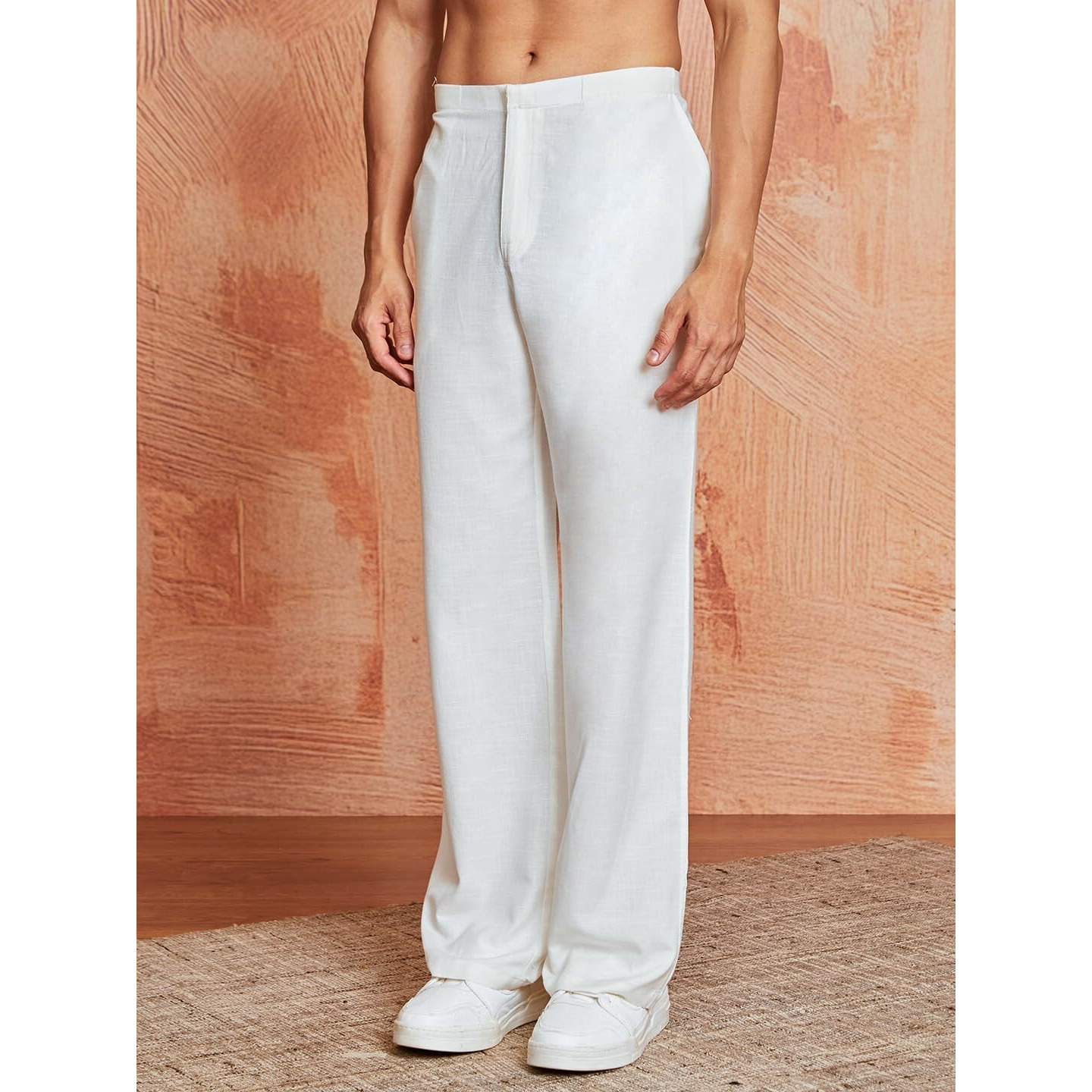 VASTRAMAY Mens White Linen Relaxed Fit Korean Style Pants  Minimalist Design, Comfortable Summer Trousers