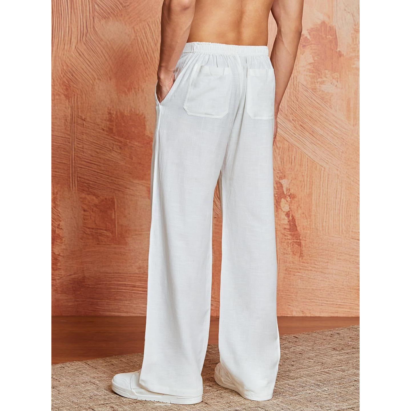 VASTRAMAY Mens White Linen Relaxed Fit Korean Style Pants  Minimalist Design, Comfortable Summer Trousers