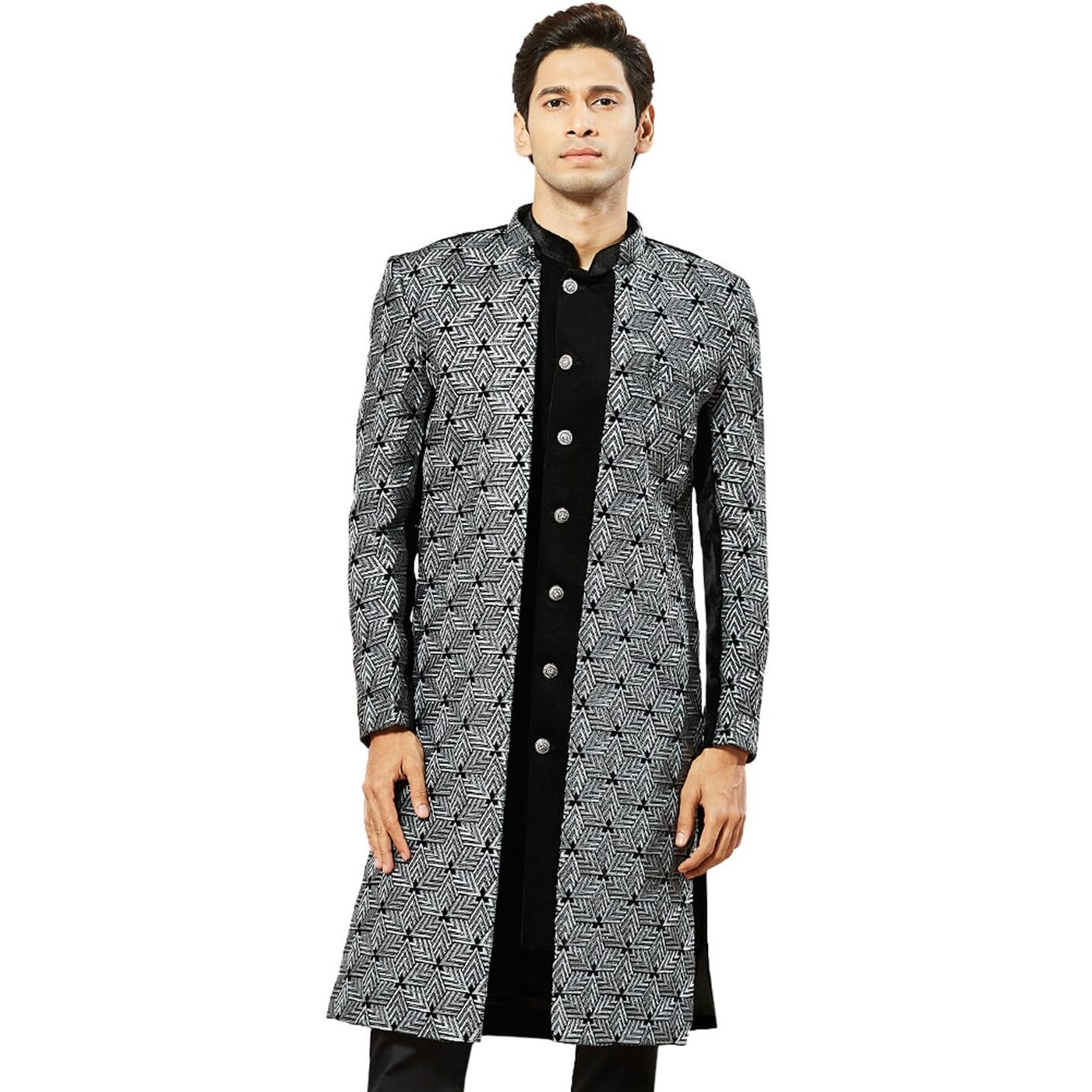 VASTRAMAY Men's Grey Velvet Indo-Western Ensemble with Geometric Patterned Jacket and Solid Black Sleeveless Semi Indo  Perfect for Weddings and Festive Occasions