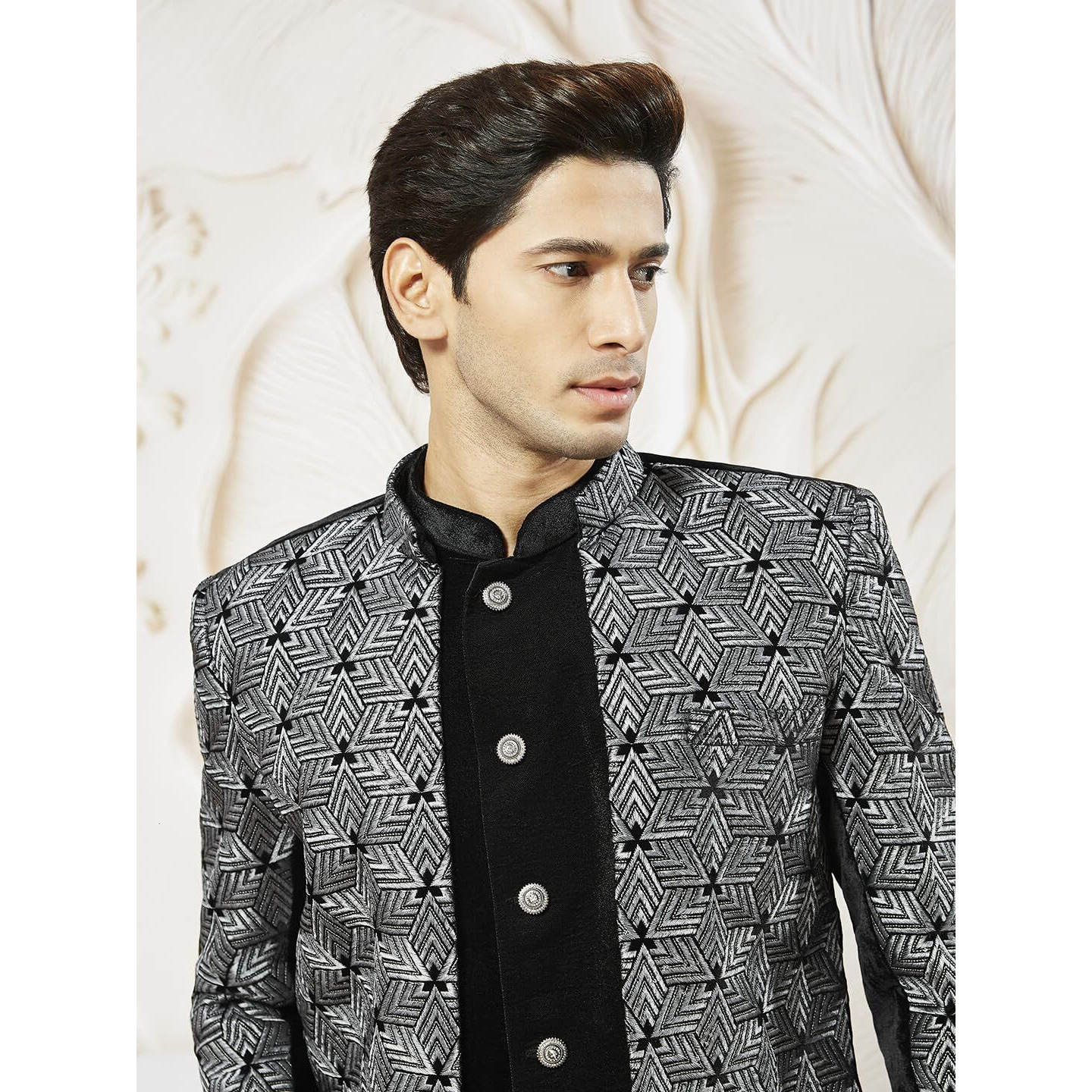 VASTRAMAY Men's Grey Velvet Indo-Western Ensemble with Geometric Patterned Jacket and Solid Black Sleeveless Semi Indo  Perfect for Weddings and Festive Occasions