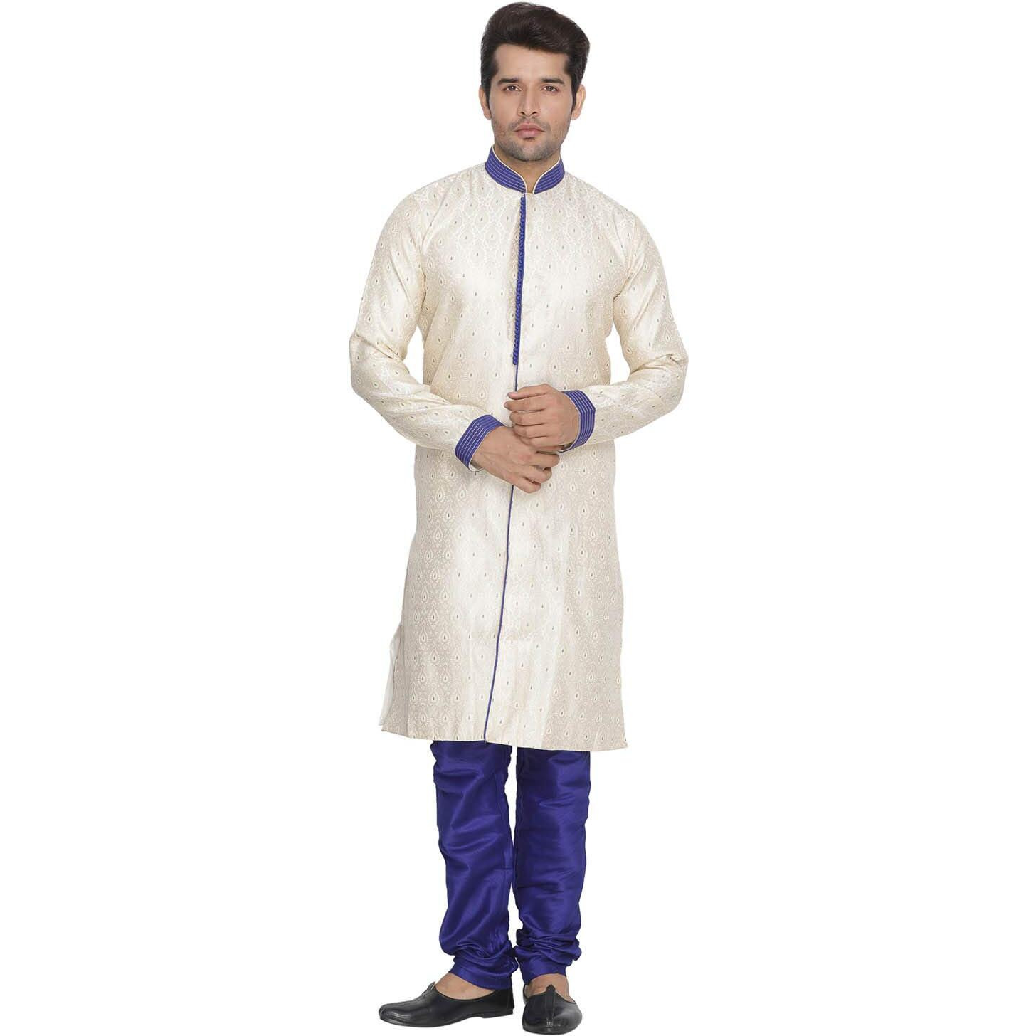 VASTRAMAY Men Blue Cotton Silk Kurta Style Sherwani and Pyjama set (VASMSW003nPBU_36)