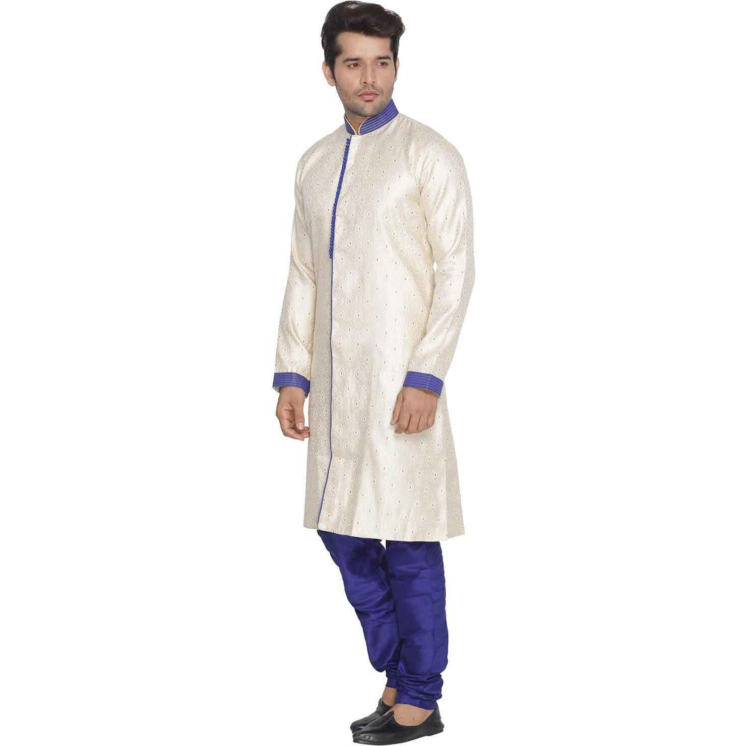 VASTRAMAY Men Blue Cotton Silk Kurta Style Sherwani and Pyjama set (VASMSW003nPBU_36)