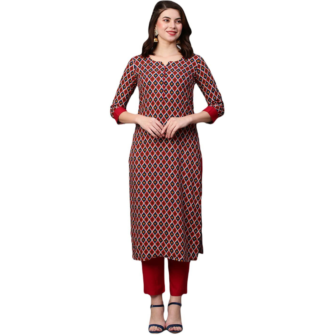 ANNI DESIGNER Women's Cotton Blend Traditional Straight Printed Kurta and Pant Set (Kurpita Mt-Red_XL_Red_X-Large)