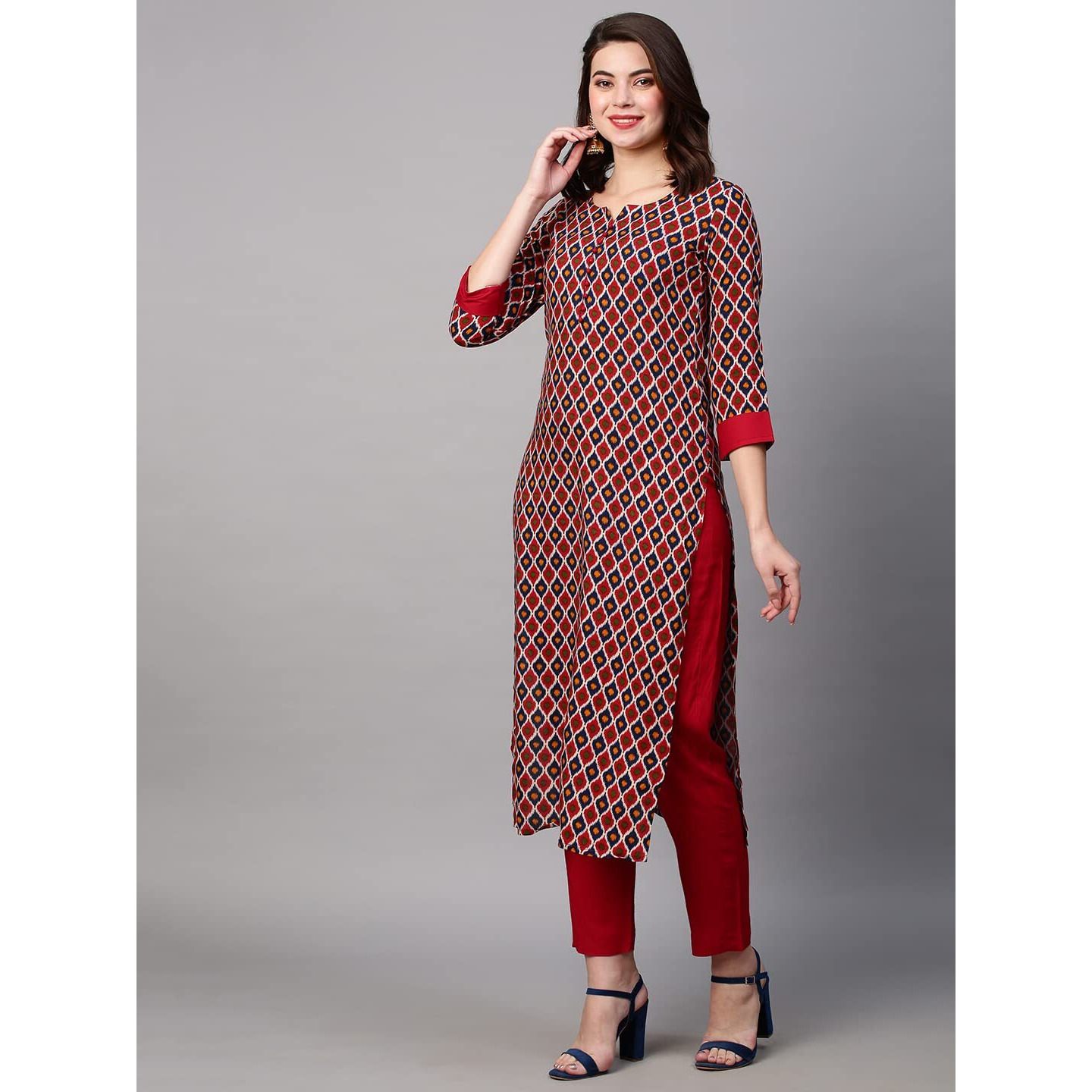 ANNI DESIGNER Women's Cotton Blend Traditional Straight Printed Kurta and Pant Set (Kurpita Mt-Red_XL_Red_X-Large)