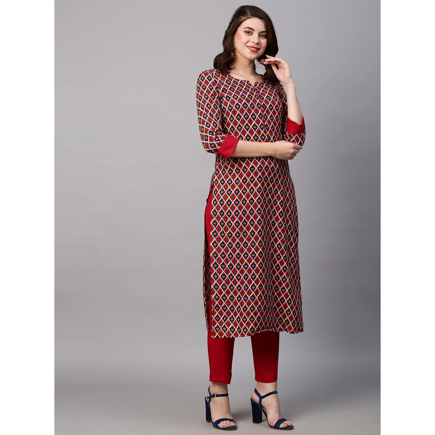 ANNI DESIGNER Women's Cotton Blend Traditional Straight Printed Kurta and Pant Set (Kurpita Mt-Red_XL_Red_X-Large)