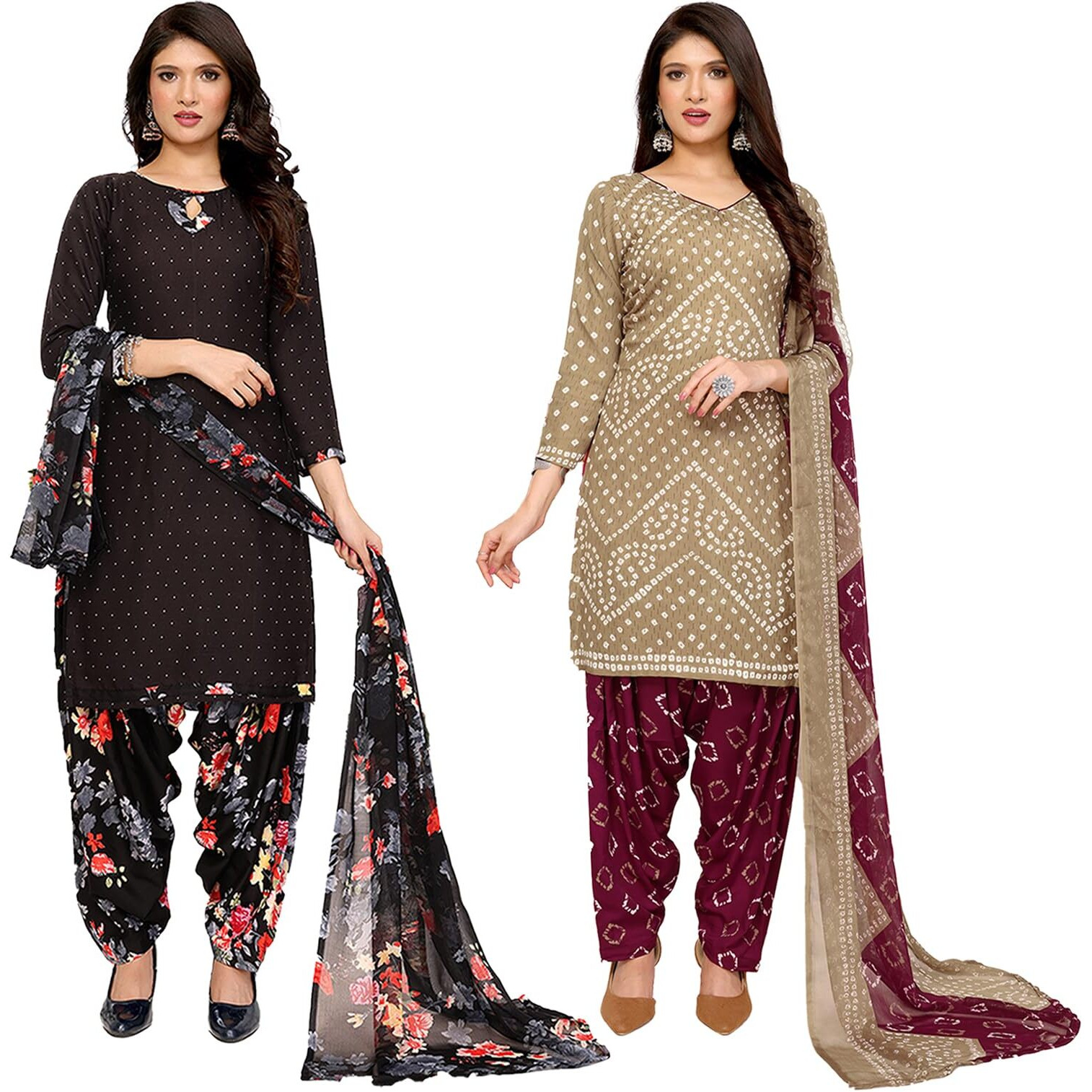Yashika Women's Crepe Dress Material Set for Women | Unstitched Printed Fabric for Kurta Bottom & Dupatta (YS-BLACK FLOWER-HIRAL BANDHANI)
