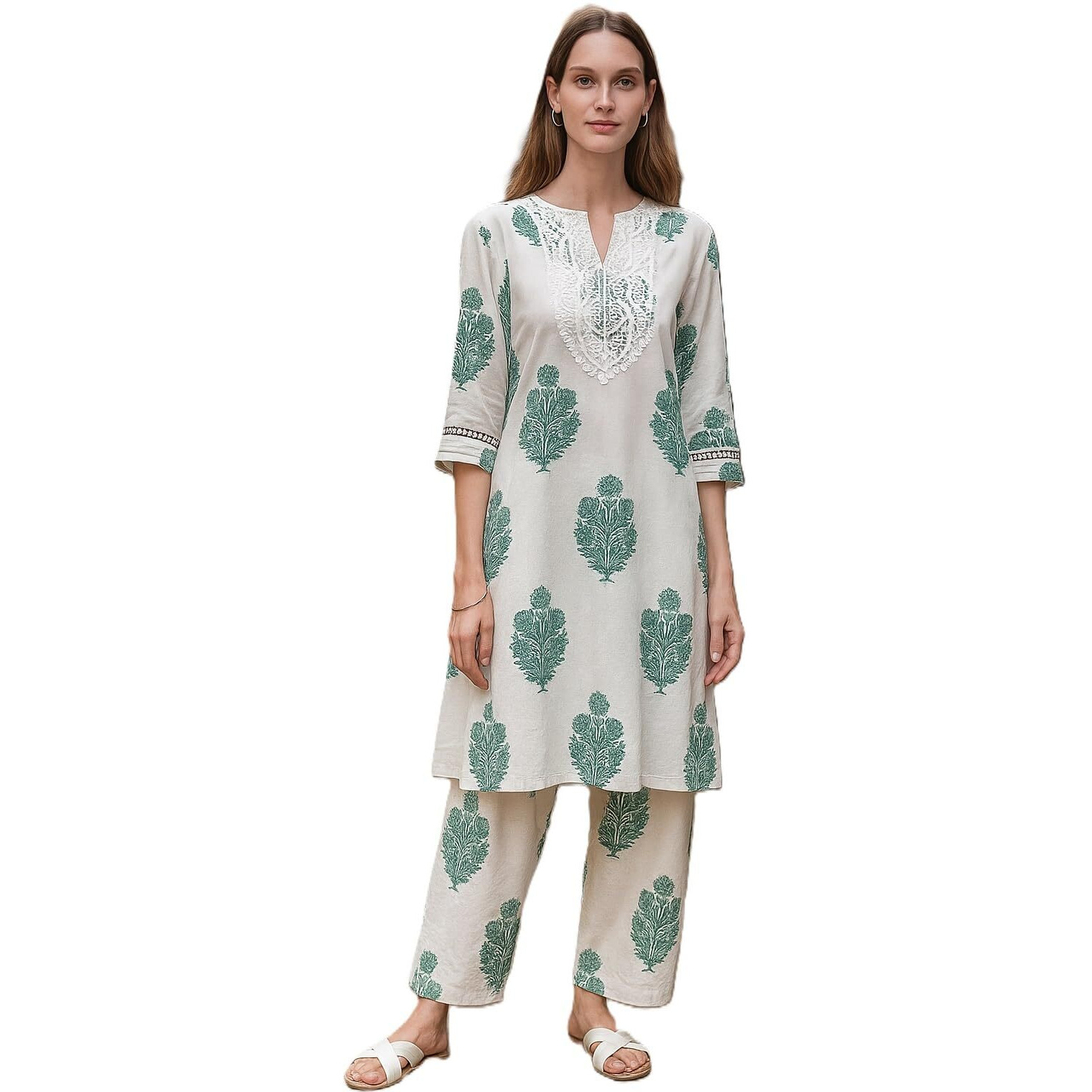 Yashika Blend Trendy Printed Cotton Bleand A-Line Palazzos Woman Pant with Dupatta | Kurta Sets|Kurti for Women (AZ-YS-OG-KS2212-L) (AZ-YS-OG-KS2212-Parent_White