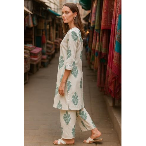 Yashika Blend Trendy Printed Cotton Bleand A-Line Palazzos Woman Pant with Dupatta | Kurta Sets|Kurti for Women (AZ-YS-OG-KS2212-L) (AZ-YS-OG-KS2212-Parent_White