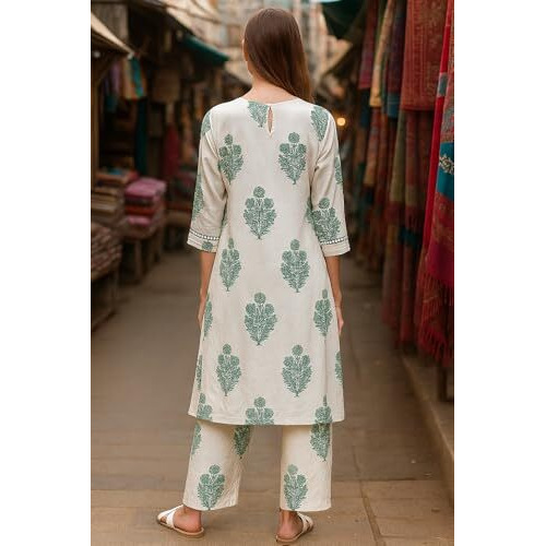 Yashika Blend Trendy Printed Cotton Bleand A-Line Palazzos Woman Pant with Dupatta | Kurta Sets|Kurti for Women (AZ-YS-OG-KS2212-L) (AZ-YS-OG-KS2212-Parent_White