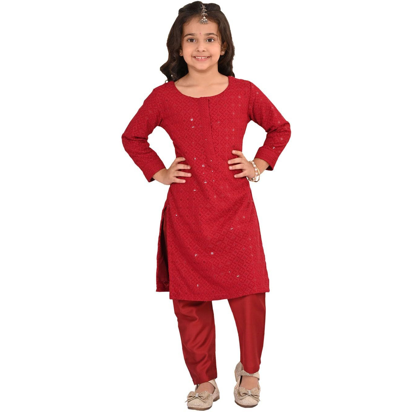 VASTRAMAY Girls' Maroon Kurta And Pant Set_VASGKP050MA_30