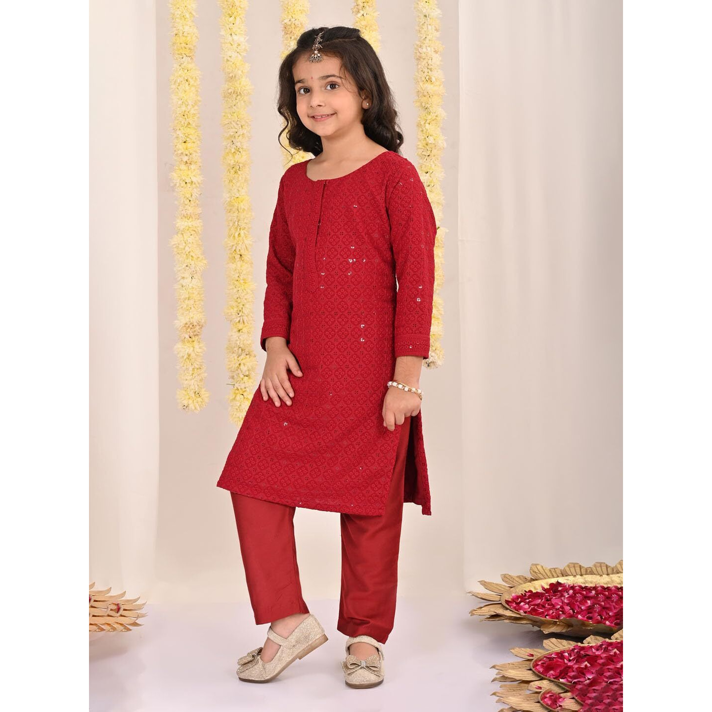 VASTRAMAY Girls' Maroon Kurta And Pant Set_VASGKP050MA_30