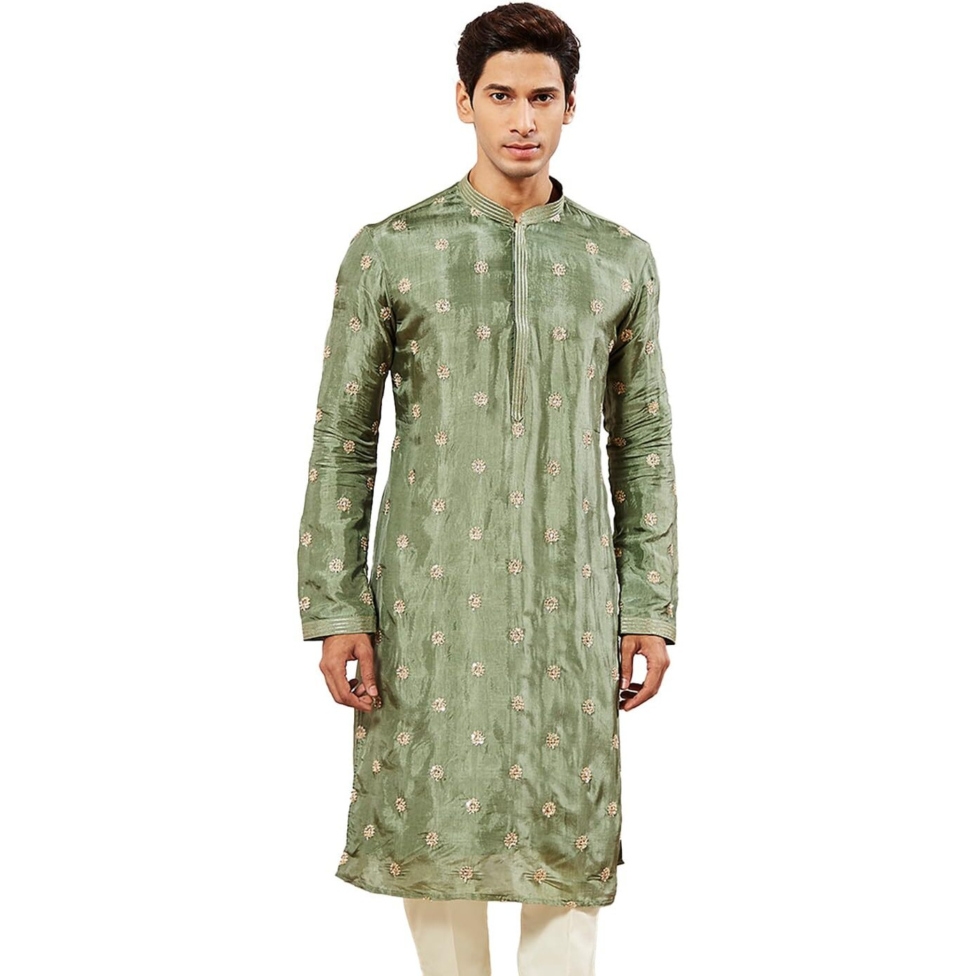 VASTRAMAY Men's Green Tissue Silk Kurta with Golden Embroidery - Perfect for Weddings and Festivals