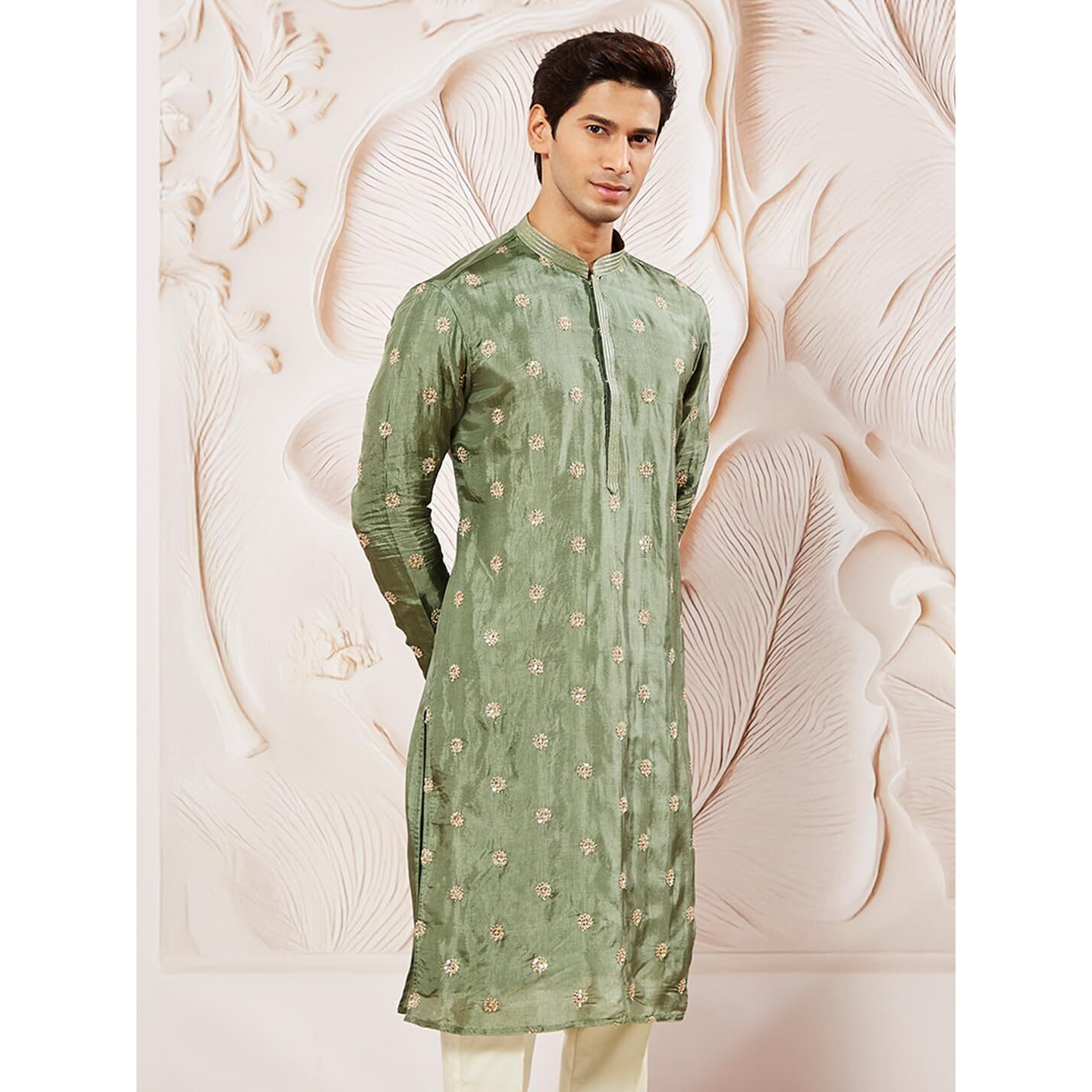 VASTRAMAY Men's Green Tissue Silk Kurta with Golden Embroidery - Perfect for Weddings and Festivals