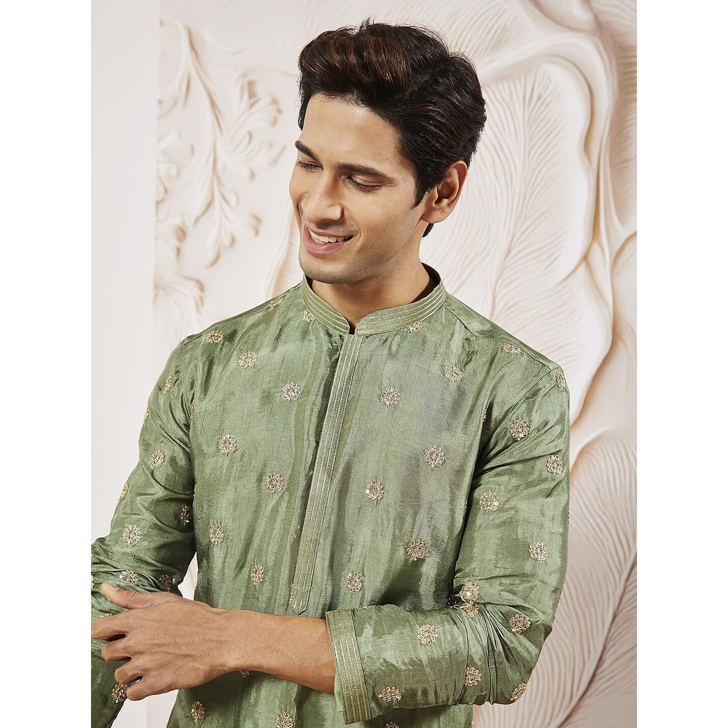 VASTRAMAY Men's Green Tissue Silk Kurta with Golden Embroidery - Perfect for Weddings and Festivals