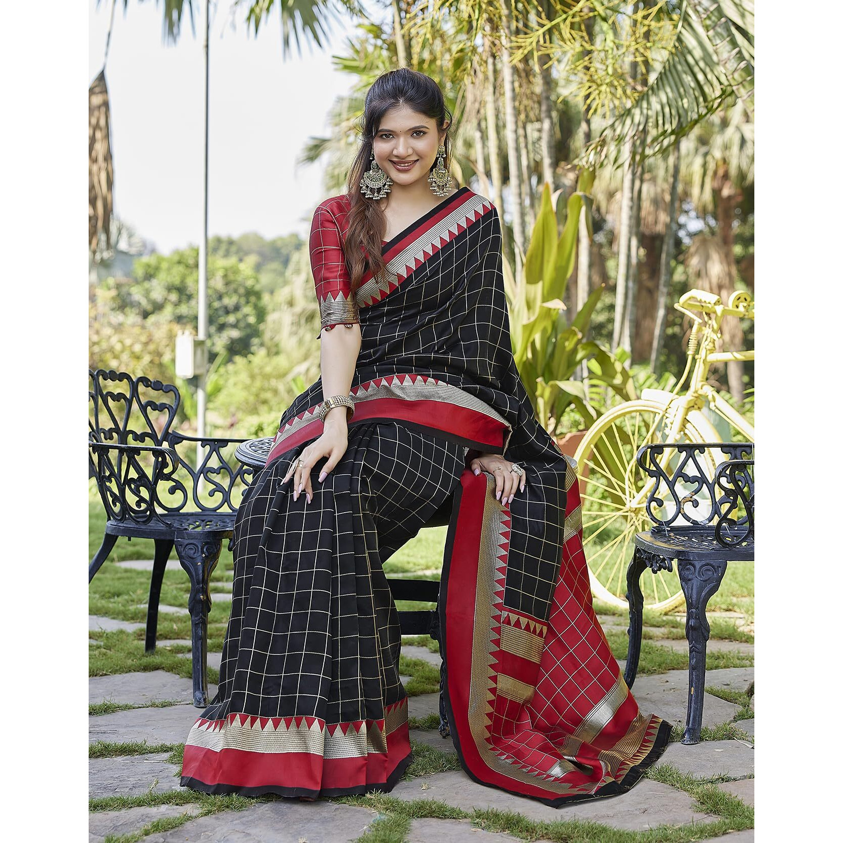 Yashika Women's Banarasi Kanjivaram Art Silk Saree|Sarees for Women (AZ-YS-P1-CHECKS BLACK)