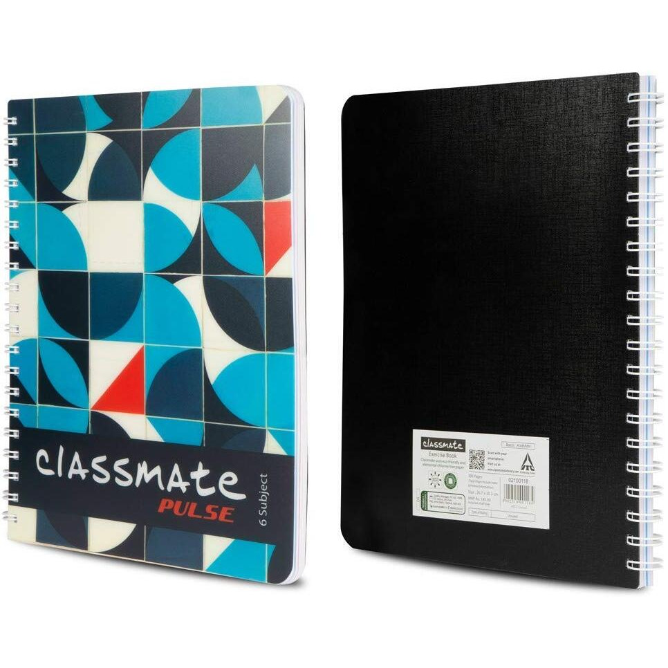 Classmate Pulse 6 Subject Spiral Notebook - Pack of 1 | Unruled | 300 Pages | 26.7cm x 20.3cm | Attractive Cover Designs | Soft Cover | Notebooks for College Students