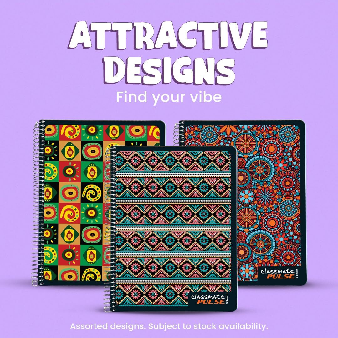 Classmate Pulse 5 Subject Spiral Notebook - Pack of 1 | Single Line | 250 Pages | A4 - 29.7cm x 21.0cm | Attractive Cover Designs | Soft Cover | Notebooks for College Students