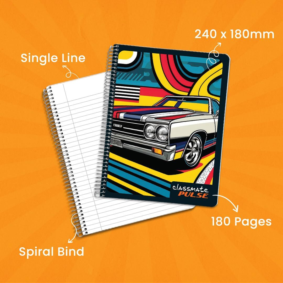 Classmate Pulse Single Subject Spiral Notebook - Pack of 4 | Single Line | 180 Pages | 24.0cm x 18.0cm | Attractive Cover Designs | Soft Cover | Notebooks for College Students