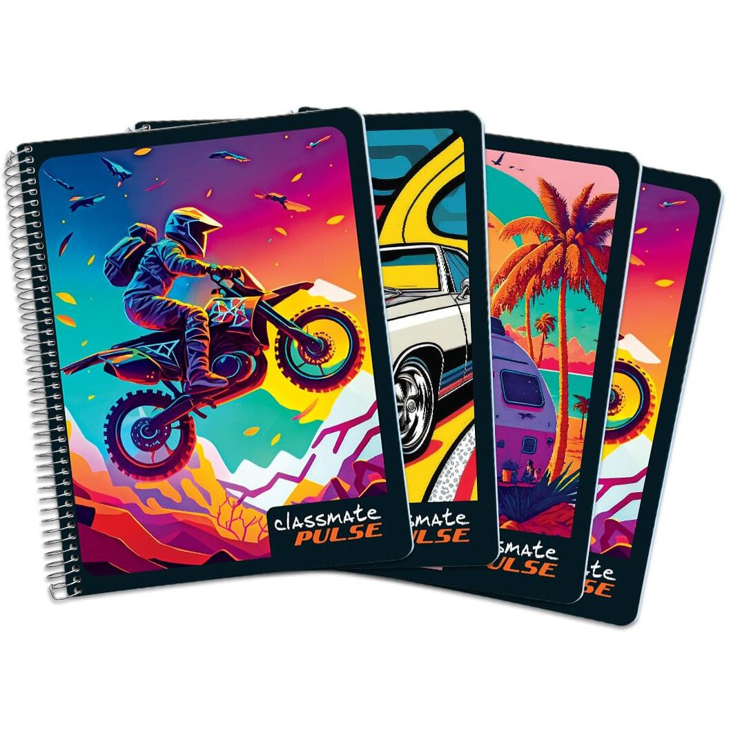 Classmate Pulse Single Subject Spiral Notebook - Pack of 4 | Unruled | 200 Pages | 24.0cm x 18.0cm | Attractive Cover Designs | Soft Cover |Notebooks for College Students