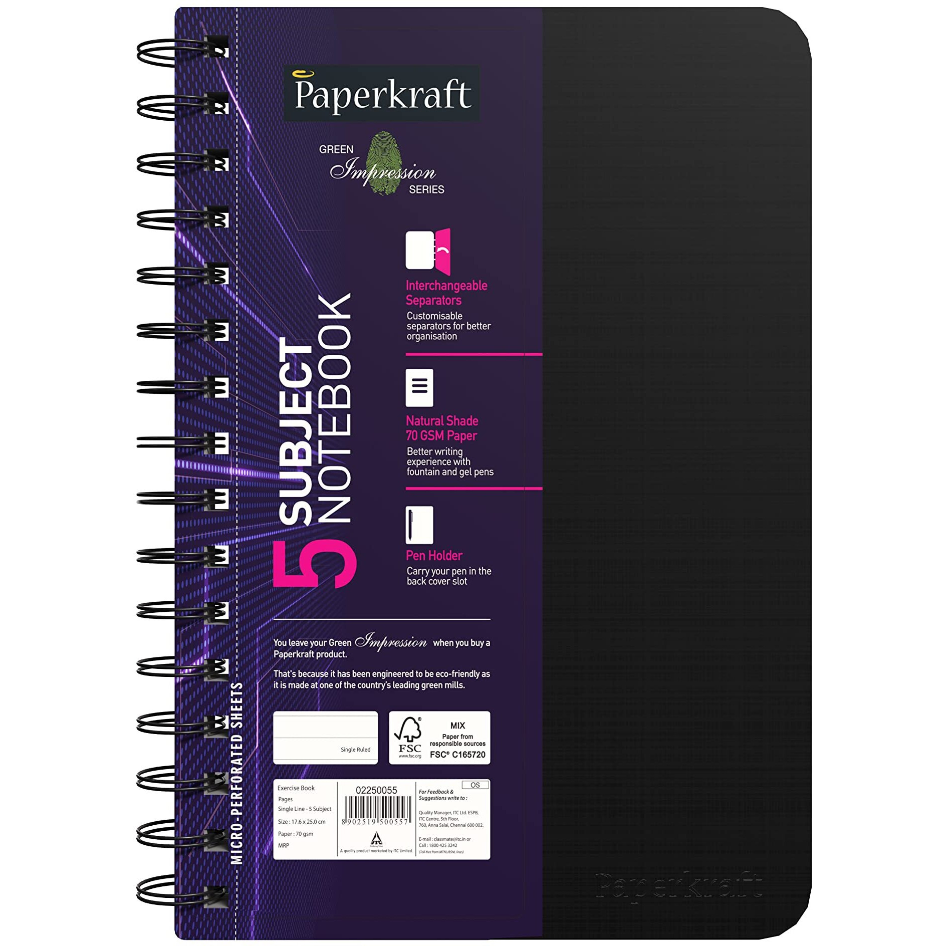 Paperkraft Green Impression 5 Subject Wiro Binding Notebook - Single Line, 300 Pages, 176Mm X 250Mm