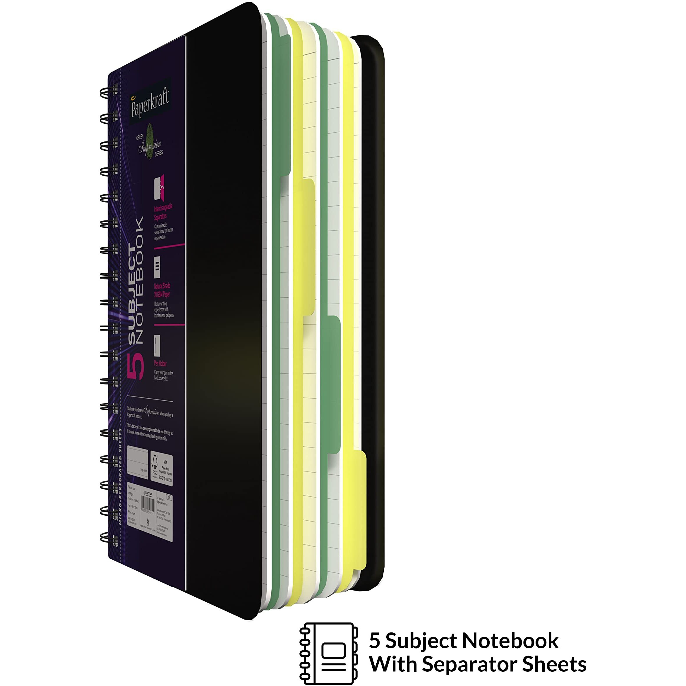 Paperkraft Green Impression 5 Subject Wiro Binding Notebook - Single Line, 300 Pages, 176Mm X 250Mm