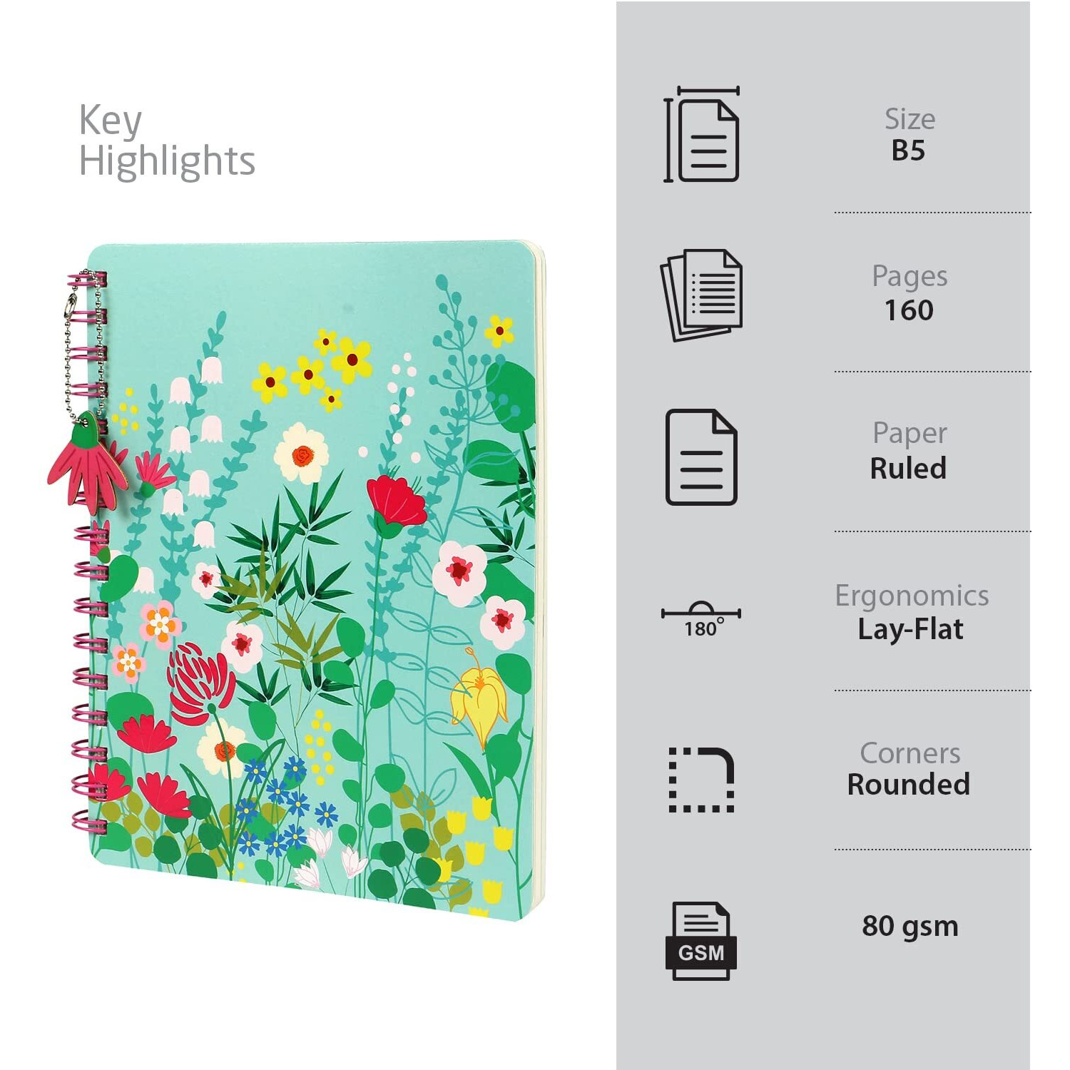DOODLE Hard Bound Spiral Notebook Diary with Bookmark Dangler and Sticker Pages I B5 I Undated I 160 Ruled Pages I 80 GSM (Floral Pop)