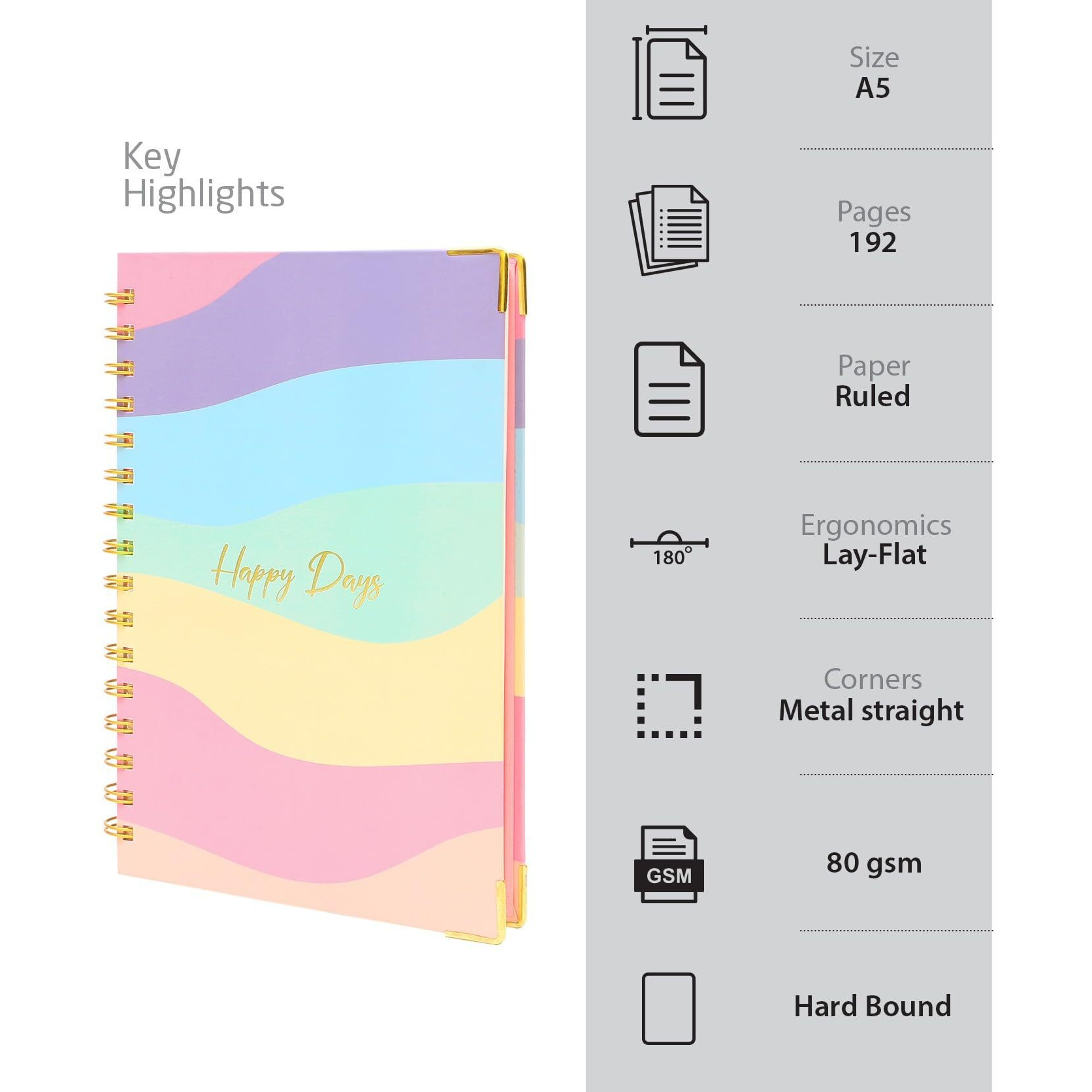 DOODLE Undated Daily Planner I A5 I Hard Cover I Wiro Bound I192 Ruled Pages I 80 GSM I Lay Flat Design I Metal Corners I Plan your day, To do List(Happy Days)