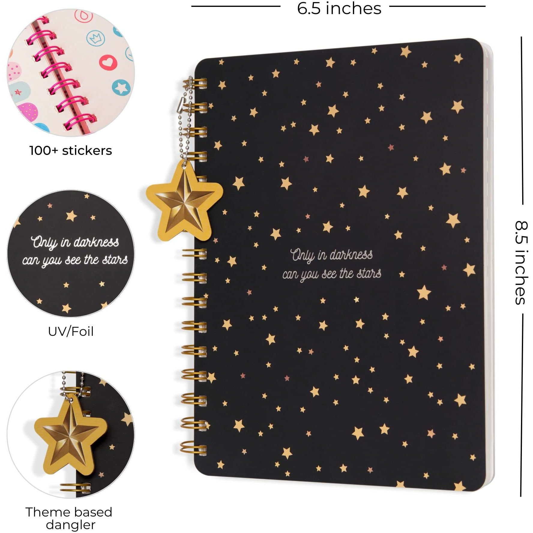 DOODLE B5 Hardbound Wiro Notebook with Theme Based Dangler, 160 Undated Ruled Pages, 80gsm Acid Free Recyclable Paper, Open Flat and Write Comfortably, 2 Sticker Sheets(Twinkling Stars)