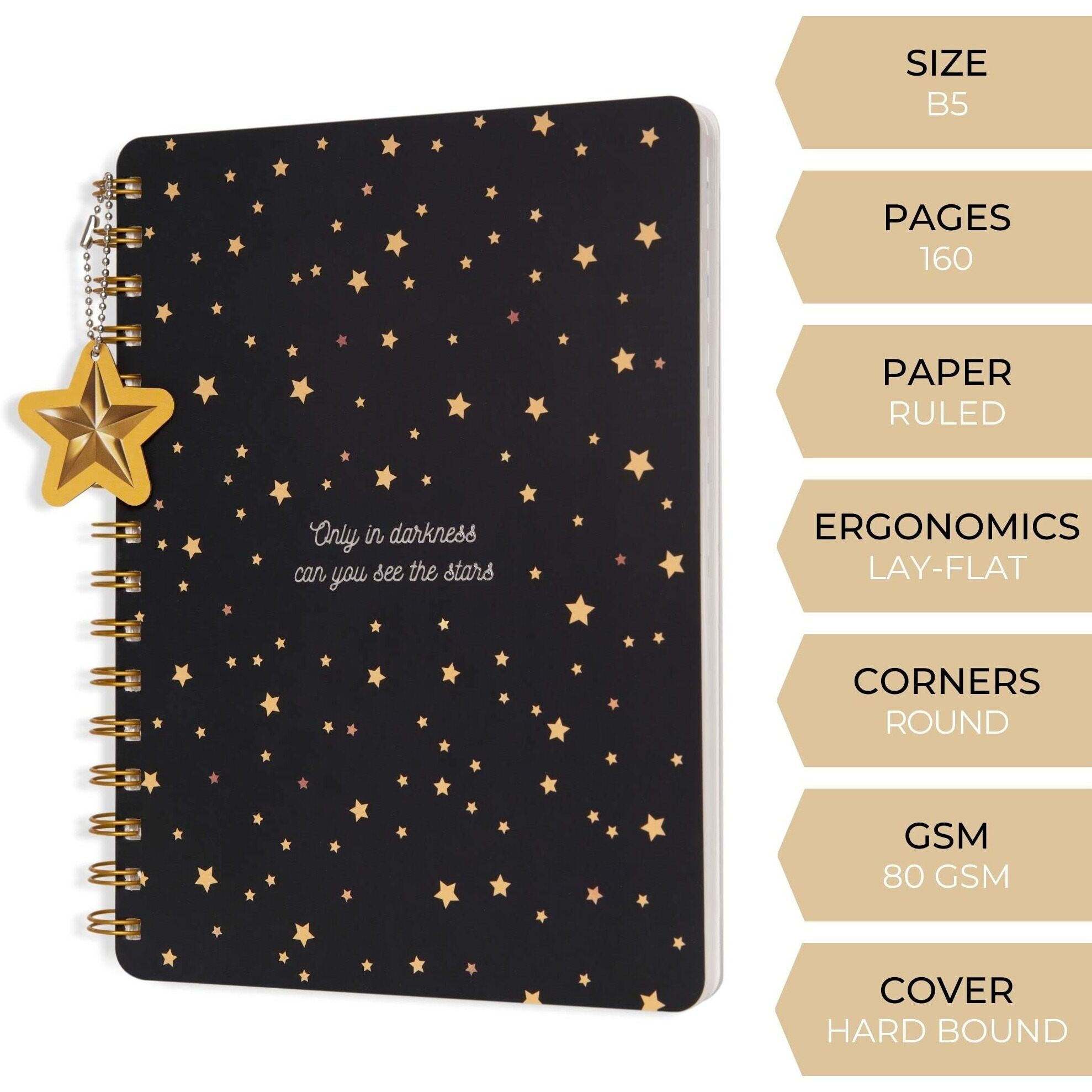 DOODLE B5 Hardbound Wiro Notebook with Theme Based Dangler, 160 Undated Ruled Pages, 80gsm Acid Free Recyclable Paper, Open Flat and Write Comfortably, 2 Sticker Sheets(Twinkling Stars)