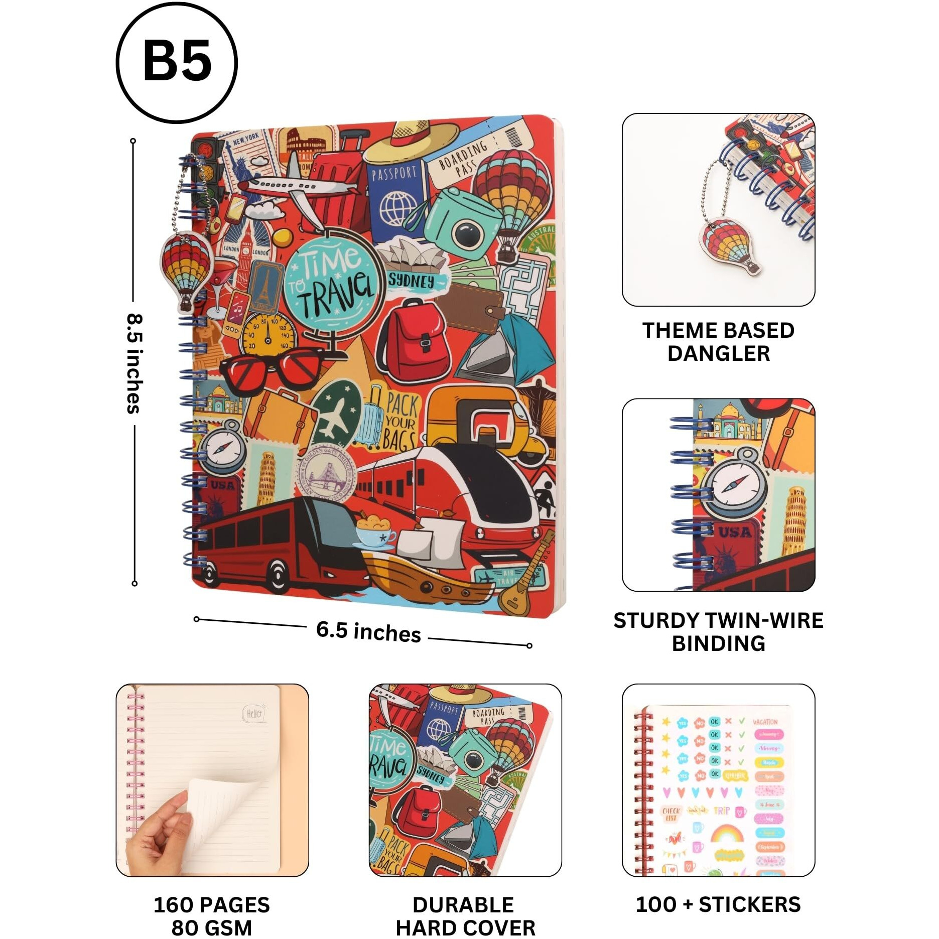 Doodle Hardbound Spiral Notebook Diary with Bookmark Dangler and 100+ Stickers | B5 | 160 Undated Ruled Pages | 80 gsm Acid Free Paper | Open Flat and Write Comfortably | Travel Diary - Around the World
