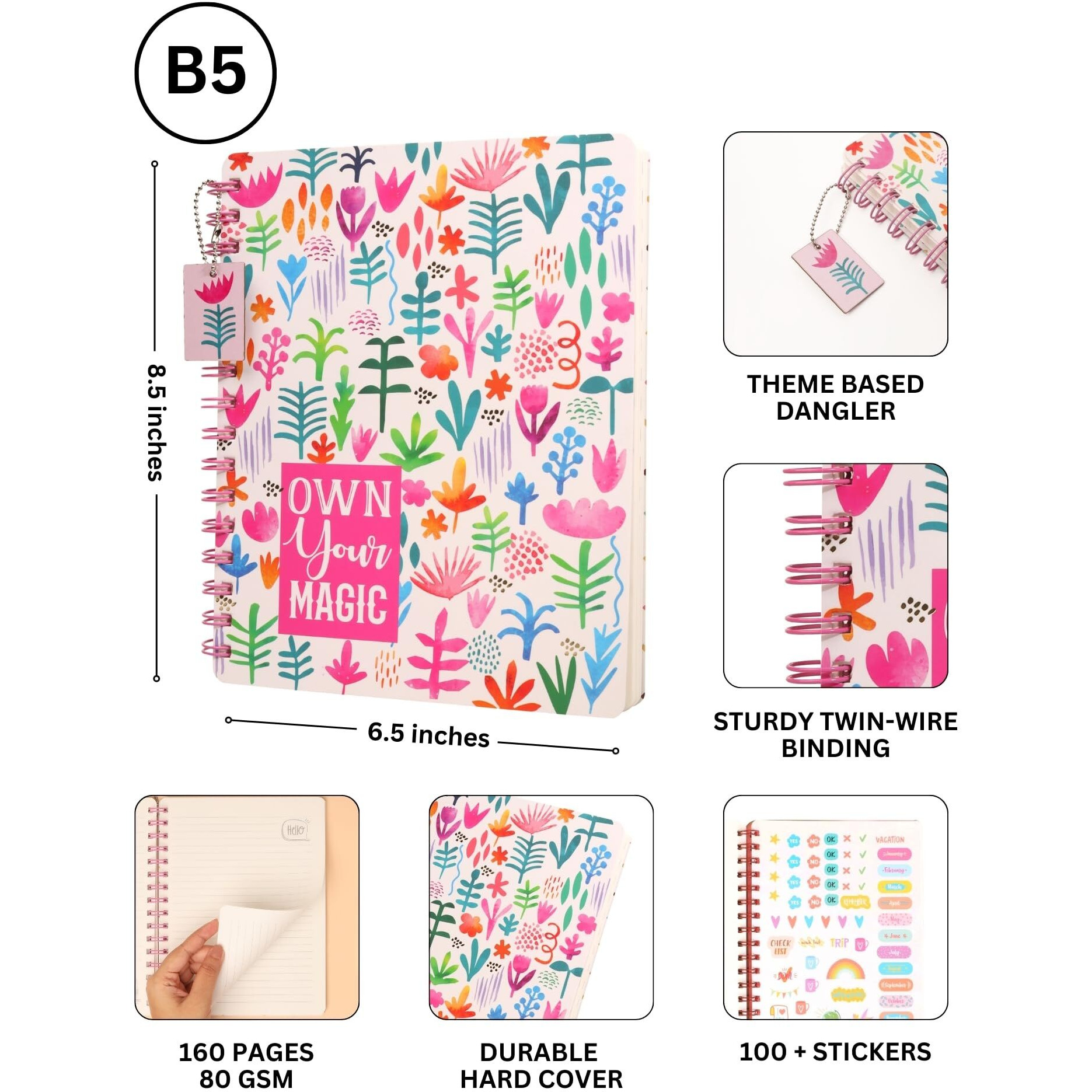 DOODLE Hardbound Spiral Notebook Diary with Bookmark Dangler and 100+ Stickers | B5 | 160 Undated Ruled Pages | 80 gsm Acid Free Paper | Open Flat and Write Comfortably - Magic Moments