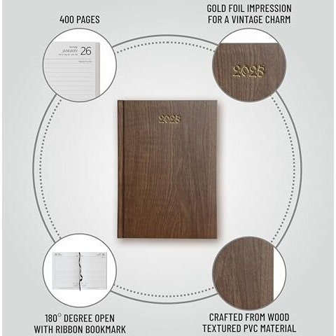 Anupam Dash 2025 Diary with Dates, 2025 Daily Planner Full Page Per Day with Monthly Calendar, New Year Diary 2025 80 GSM Size A5 21x14cm, 365 Days Aesthetic Book & Daily Diary for Office - Wood Brown