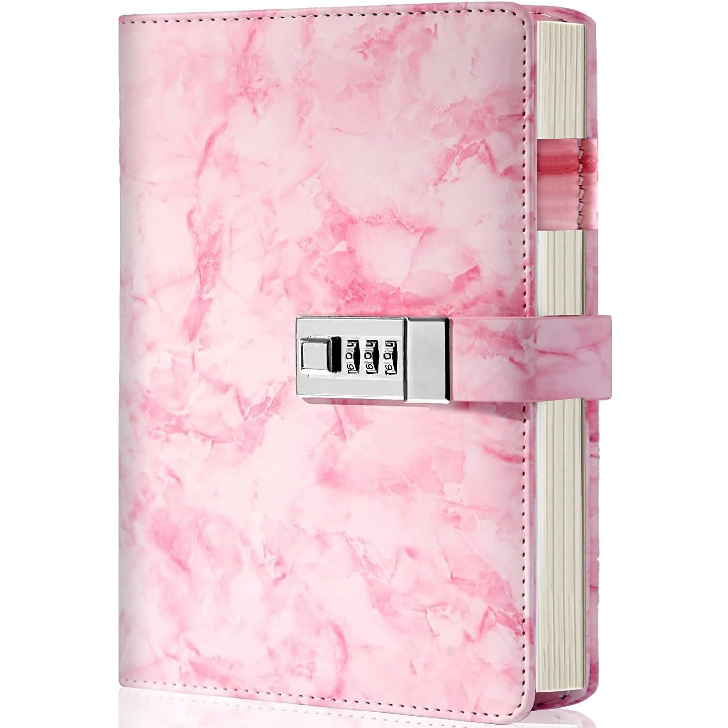 AccuPrints PU Leather 2024 Notebook Diary with Lock, Size 6 by 8 inch or A5 with Combination Password Journal- Pages 200 undated. (Pink Marbel)