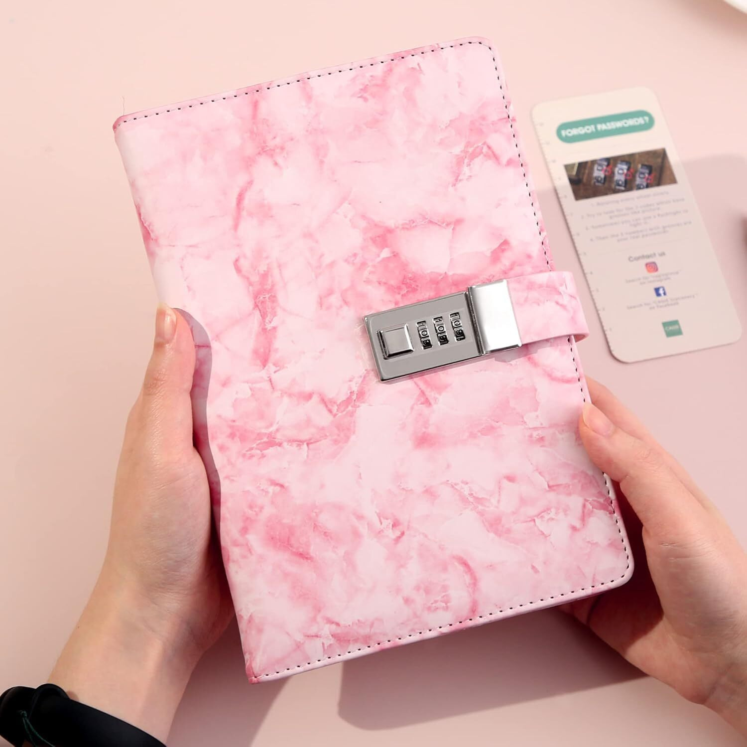 AccuPrints PU Leather 2024 Notebook Diary with Lock, Size 6 by 8 inch or A5 with Combination Password Journal- Pages 200 undated. (Pink Marbel)