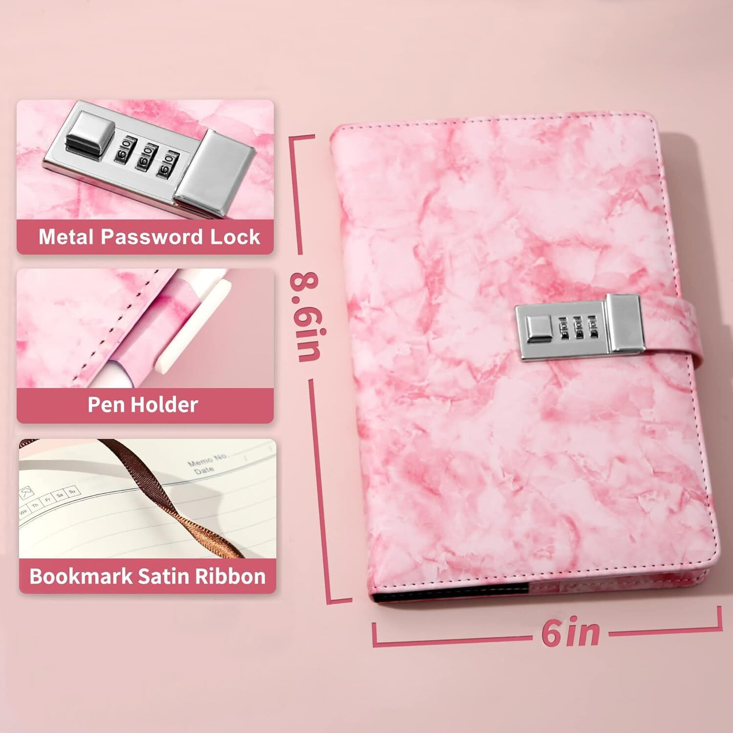 AccuPrints PU Leather 2024 Notebook Diary with Lock, Size 6 by 8 inch or A5 with Combination Password Journal- Pages 200 undated. (Pink Marbel)