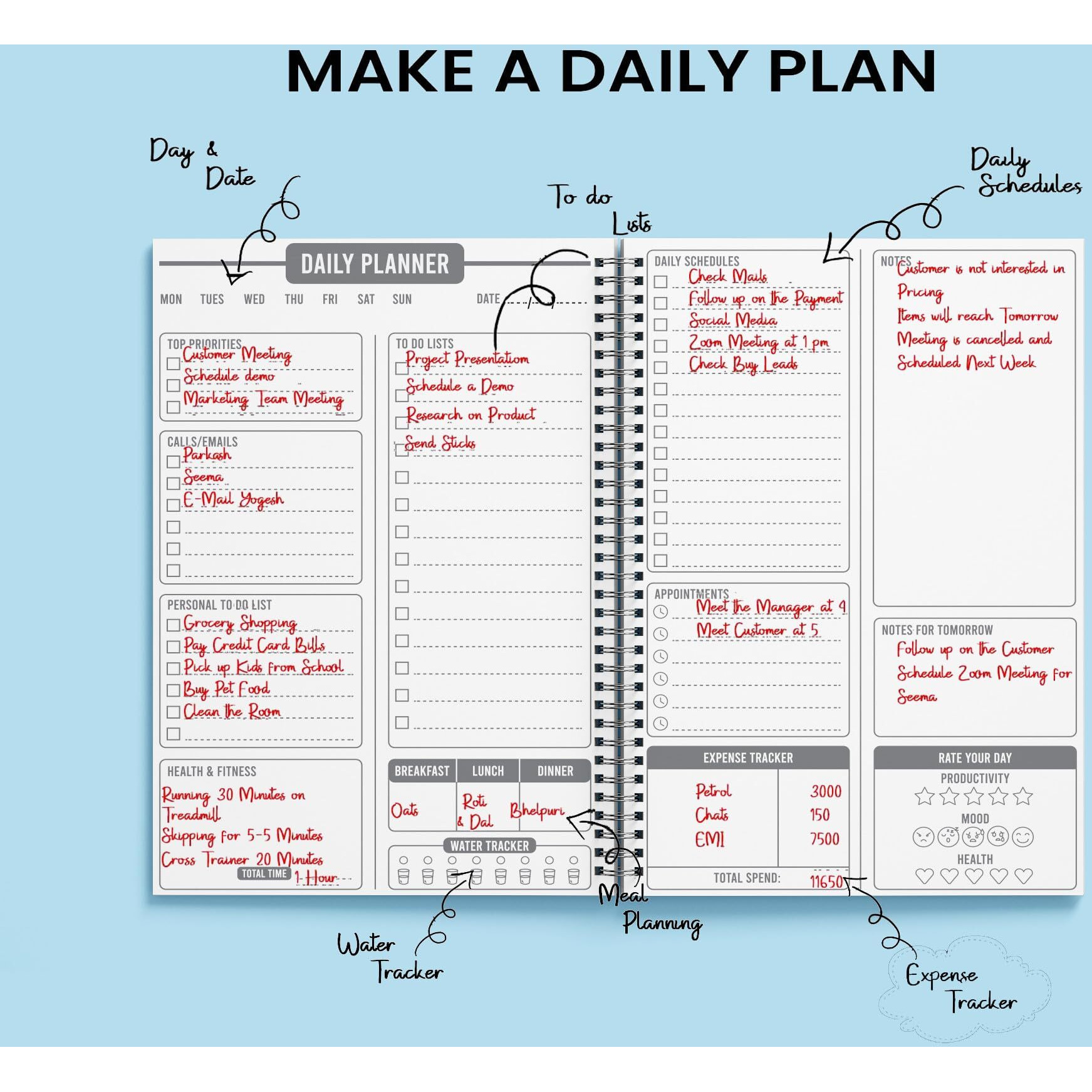 AccuPrints Daily Planner Undated, Schedule Your Day, Manage to-do List, Goals Tracker, Wellness Tracker - 3 Month Planner (Light Green/Never Give Up)